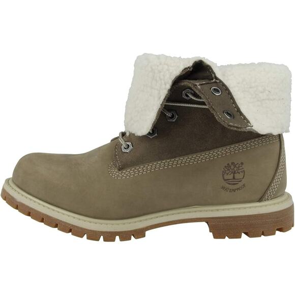 Timberland Teddy Fleece Fold Down Boots Women 7 Taupe Leather Waterproof Lace-up - Picture 16 of 16